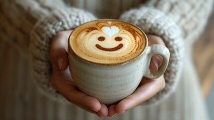 Woman hand holding a cup of coffee latte art with artistic cream smile face decoration, Happy morning, good mood, inspiration, generative ai - obrazy, fototapety, plakaty