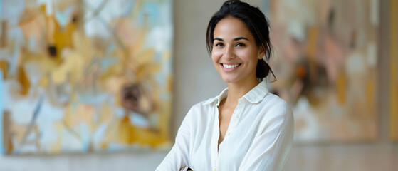 Cheerful business professional in white shirt with blurred office background