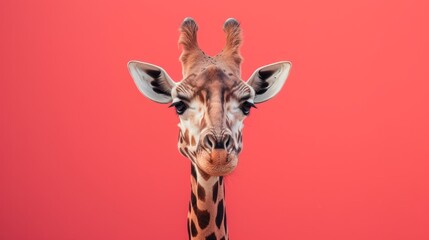 Obraz premium Close-up portrait of a giraffe's head looking at the camera with interest against a bright background
