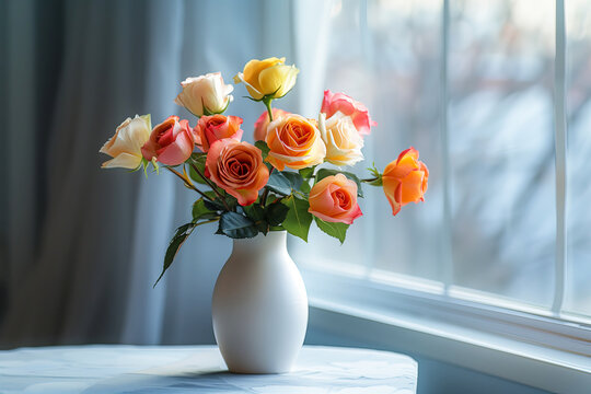 Cheerful array of colorful roses in a classic white vase, sitting on a table by a window with natural light streaming through.
