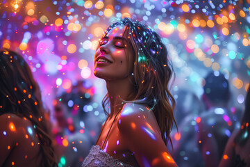 A person, with face blurred, at a festive event surrounded by bokeh of colorful lights, representing celebration and anonymity