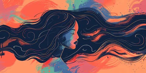 a woman with long hair and a pink background with a splash of paint on it - obrazy, fototapety, plakaty
