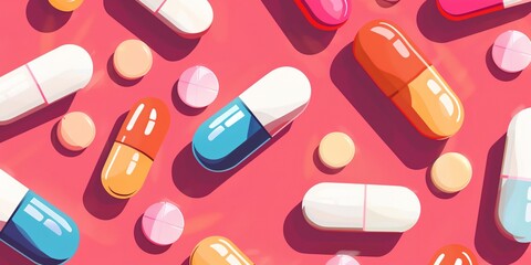 a variety of pills on a pink background