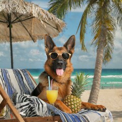German shepherd dog on the ice floe on the deckchair sipping a pineapple soda