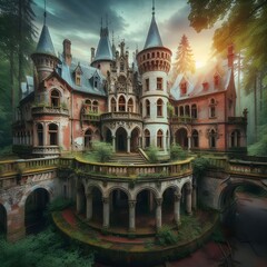 old mansion overgrown with ivy and moss, situated in a dense forest.