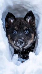 A little black shiba inu puppy peeking through a hole in the ship. Black shiba dog in the snow looking curious and playful.