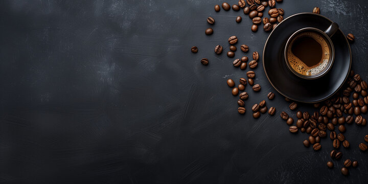 Minimalist 3D close up of a cup of coffee isolated on the dark beautiful tabletop, minimalist plain background with a lot of space for copy text, minimal flat lay composition with copyspace for menu