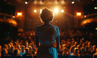 Businesswoman motivational speaker standing on stage in front of an audience for a speech at conference or business event. - obrazy, fototapety, plakaty