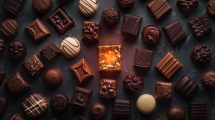 Assortment of fine chocolate candies, white, dark, and milk chocolate on black background. Top view flat lay shot of chocolates.
