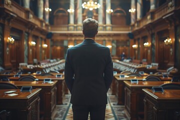 Man facing an empty parliamentary chamber - obrazy, fototapety, plakaty