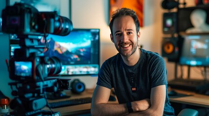 a man is sitting in front of a camera
