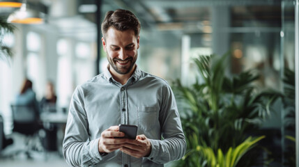 Cheerful man is using his smartphone in a modern office