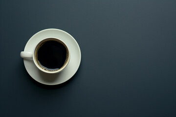 Close up of a cup of coffee isolated on the dark blue, minimalist plain background with a lot of space for copy text for writing chalk menu, flat lay composition with copyspace - Powered by Adobe