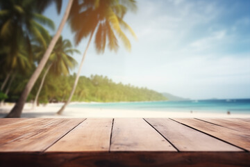 Beautiful blurred sea tropical beach background view with empty rustic wooden table for mockup product display
