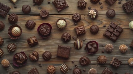 Assortment of fine chocolate candies, white, dark, and milk chocolate on wooden background. Top view flat lay shot of chocolates.