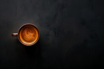 Close up of a cup of coffee isolated on the dark background, minimalist plain background with a lot of space for copy text for writing chalk menu, flat lay composition