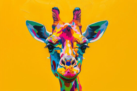 A giraffe with a colorful face is painted on a yellow background. The painting is vibrant and lively, with a sense of whimsy and playfulness. The giraffe's colorful face. a print of colorful giraffe