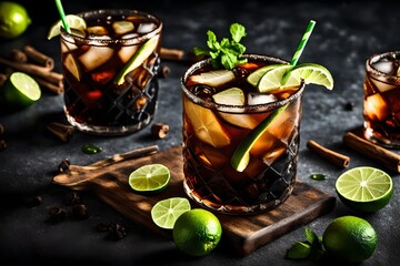 Cocktail with cola, decorated with lime slices  