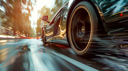 Fast moving super car on highway, speed motion blur background, Long exposure - obrazy, fototapety, plakaty