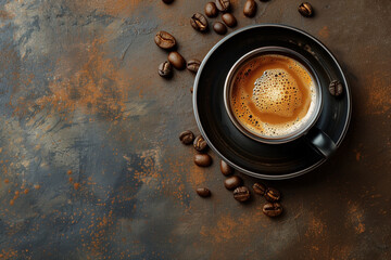Minimalist cup of coffee and cofe beans isolated on grunge rusted background with copyspace for text, concept of simplicity, dark plain background with much  space for copy text, minimalistic flat lay