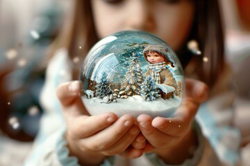 Child's hands holding a snow globe with a winter scene, surrounded by falling snowflakes.