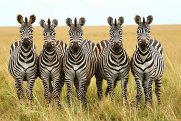 Majestic African savannah low groups zebras. Herd of striped white and black herbivore animal....
