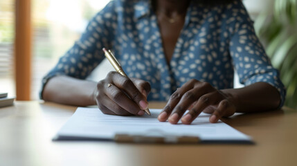 close-up of an elderly person's hands holding a pen, poised to sign a document. - obrazy, fototapety, plakaty
