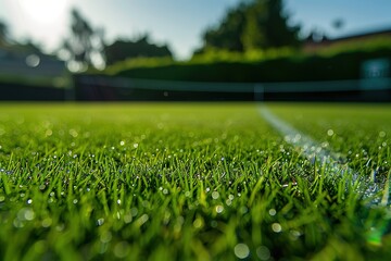 Close-up of fresh green grass with dew drops in morning sunlight on a sports field.