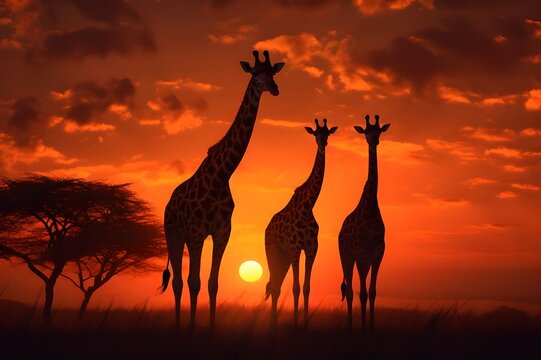 Sunset Silhouette of Giraffes: A stunning silhouette image of giraffes against a vibrant sunset sky, showcasing the beauty of wildlife in nature.

