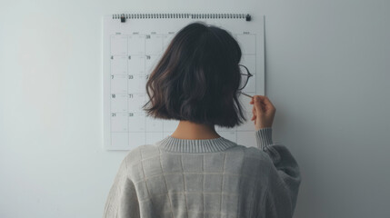 Person from behind looking at a wall-mounted calendar, - obrazy, fototapety, plakaty
