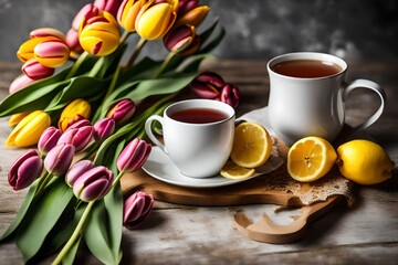 Fototapeta na wymiar A mug of tea with a slice of lemon and a bouquet of tulips