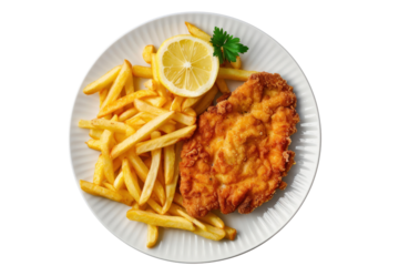 
plate of chicken schnitzel with french fries isolated on white background, top view Realistic daytime first person perspective