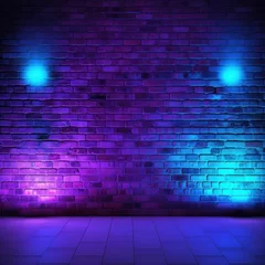 Muurstickers Neon blue lighting on a  brick wall pattern photo background © Zickert