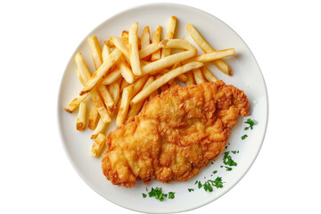 
plate of chicken schnitzel with french fries isolated on white background, top view Realistic daytime first person perspective