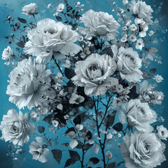 Blue Background with Blown Rose Bouquet and Pressed Flowers Collage Gen AI