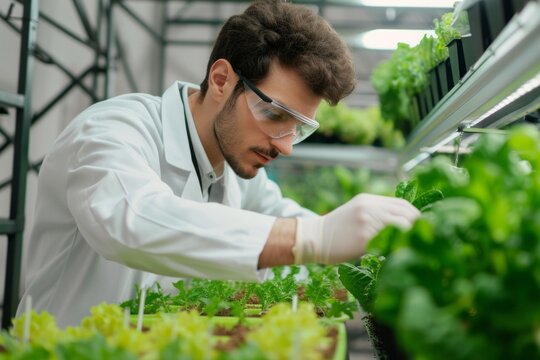 Male scientist looks at plots of organic hydroponic vegetables being grown in an indoor vertical farm. The concept of analysis, research and development of the future of agriculture