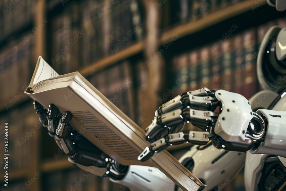 Poster ai robot reading book. artificial intelligence, machine learning, technology concept.