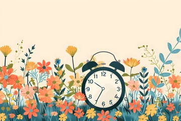 Gordijnen The illustration showcases daylight saving time, a clock moved forward one hour, in a serene floral landscape, suitable for illustrating time change and nature-themed concepts. © ELmahdi-AI