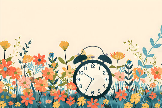 The illustration showcases daylight saving time, a clock moved forward one hour, in a serene floral landscape, suitable for illustrating time change and nature-themed concepts.