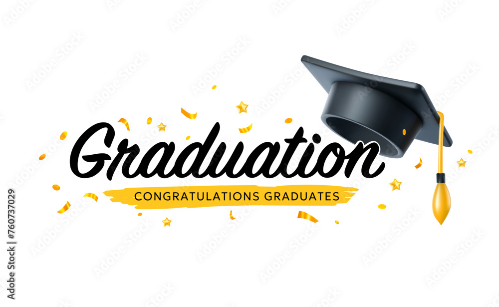Wall mural Vector illustration of graduate cap and star on white background. 3d style design of congratulation graduates 2024 class with graduation hat and congratulations word - Wall murals