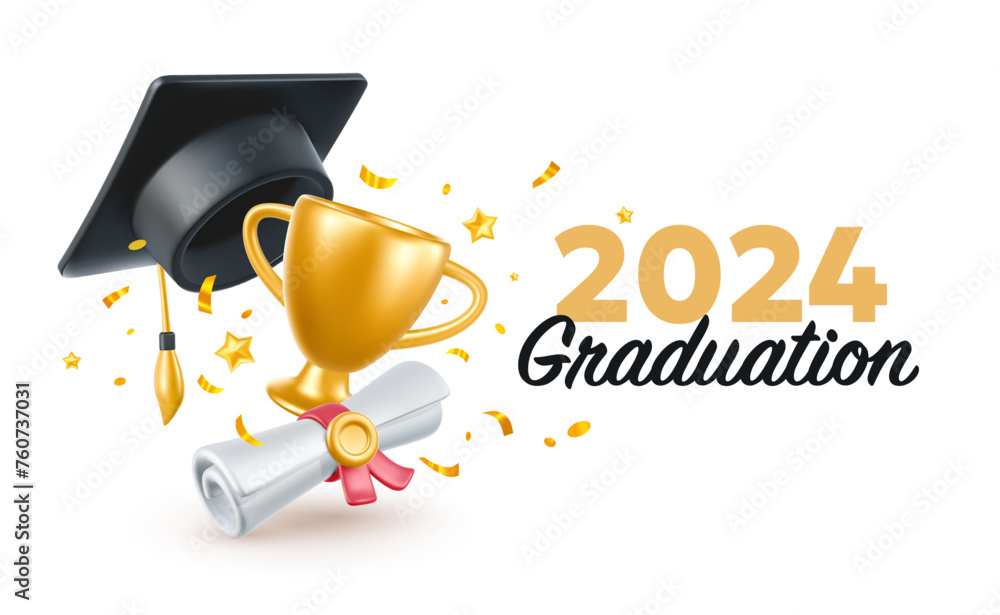 Wall mural Vector illustration of graduate cap and diploma on white background. 3d style design of congratulation graduates 2024 class with graduation hat and winner cup. Congratulations word - Wall murals