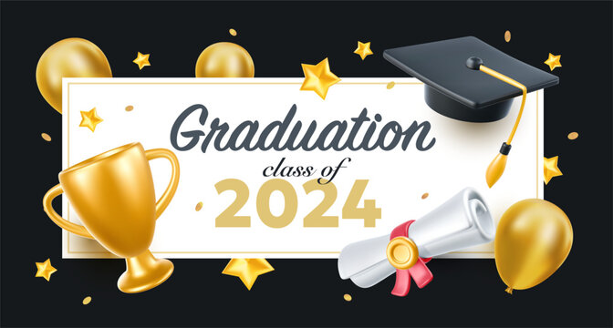 Vector illustration of graduate cap and air balloon on white and black background. 3d style design of congratulation graduates 2024 class with graduation hat and diploma. Congratulations word