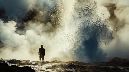 A figure observing the Geyser's dramatic eruption
