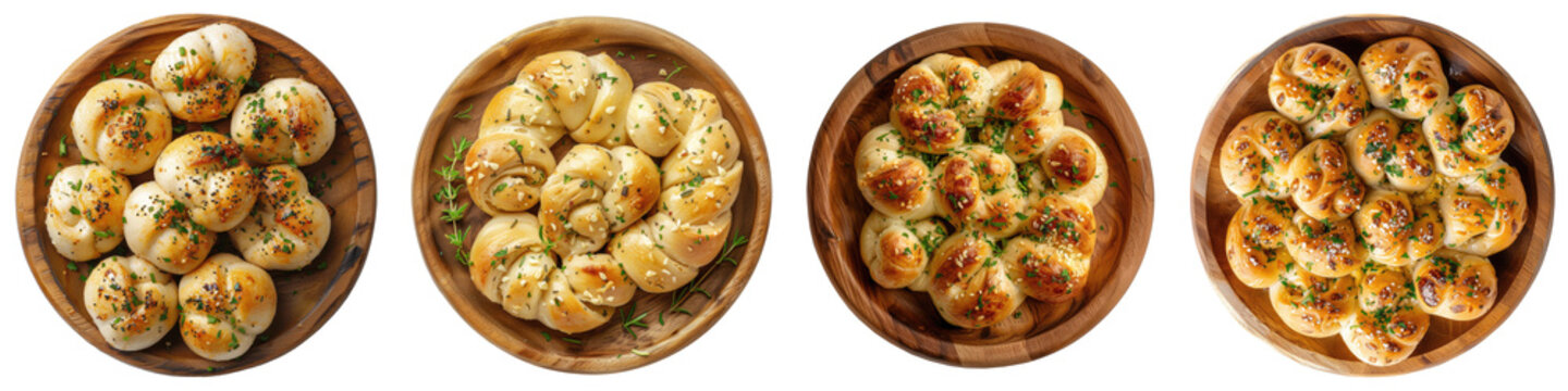 Collection of Garlic knots on wooden plate, top view,  isolated transparent background