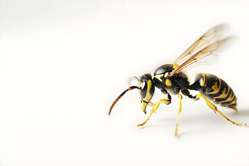 lone wasp against a white backdrop.Wasp Seen Alone Against a Clear Background
 - obrazy, fototapety, plakaty