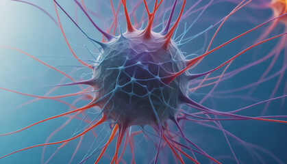 Nerve cell close-up on blue background. AI generated illustration