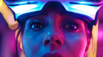 Future Vision: A woman sporting a cutting-edge virtual reality headset.Under neon lights, a futuristic woman with purple hair and a high-tech visor
