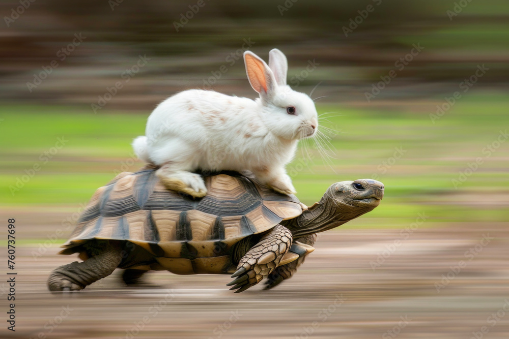Poster a turtle is carrying a rabbit on its back. the turtle is moving quickly. photo of a real white rabbi