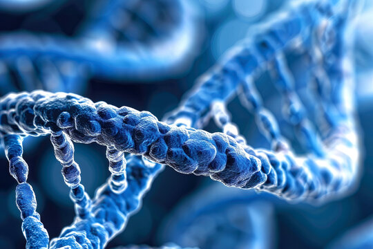 A microscopic view of a helix of DNA colored blue, science and research of genetics, generative ai
