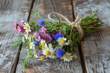 Bouquet of wildflowers on wooden table